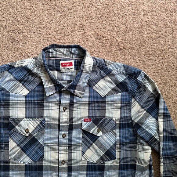 Wrangler Shirt Mens XL Button Up Long Sleeve Spread Collar Blue Plaid Pockets - Picture 5 of 12